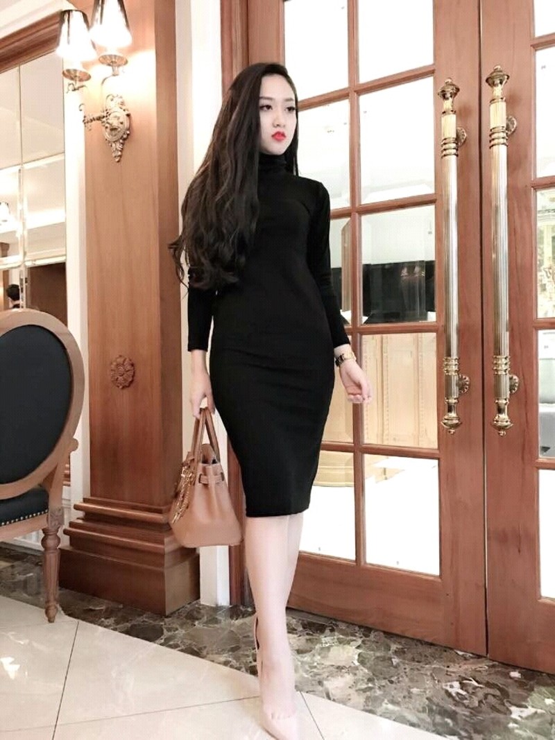 Váy body nữ, đầm ôm cổ lọ chất len tăm xinh xắn