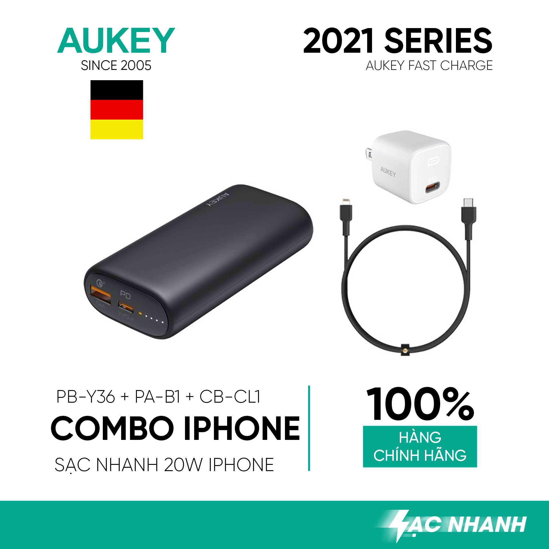 Combo Sạc Nhanh Dành Cho iPhone 12 Series AUKEY | Cốc Sạc 20W PA-B1, Cáp C-Lighnting 20W CB-CL1, Pin 10000mAh PD + QC3 PB-Y36 - Hàng Chính Hãng