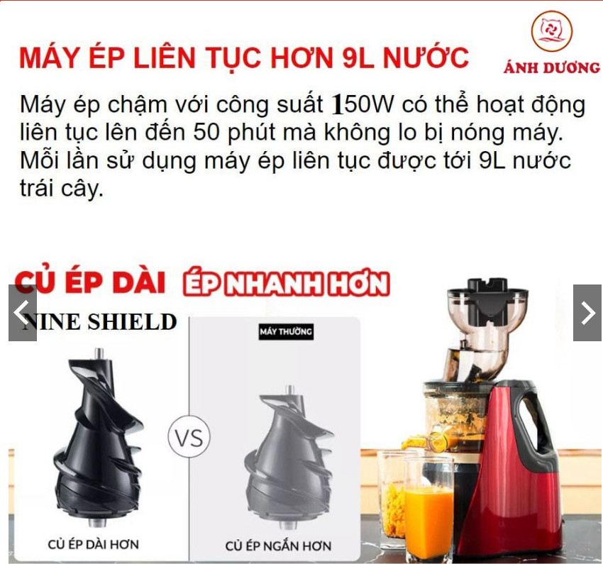 Máy Ép Chậm Nguyên Quả NINE SHIELD KB-F8B tiện lợi, lấy nước nguyên chất