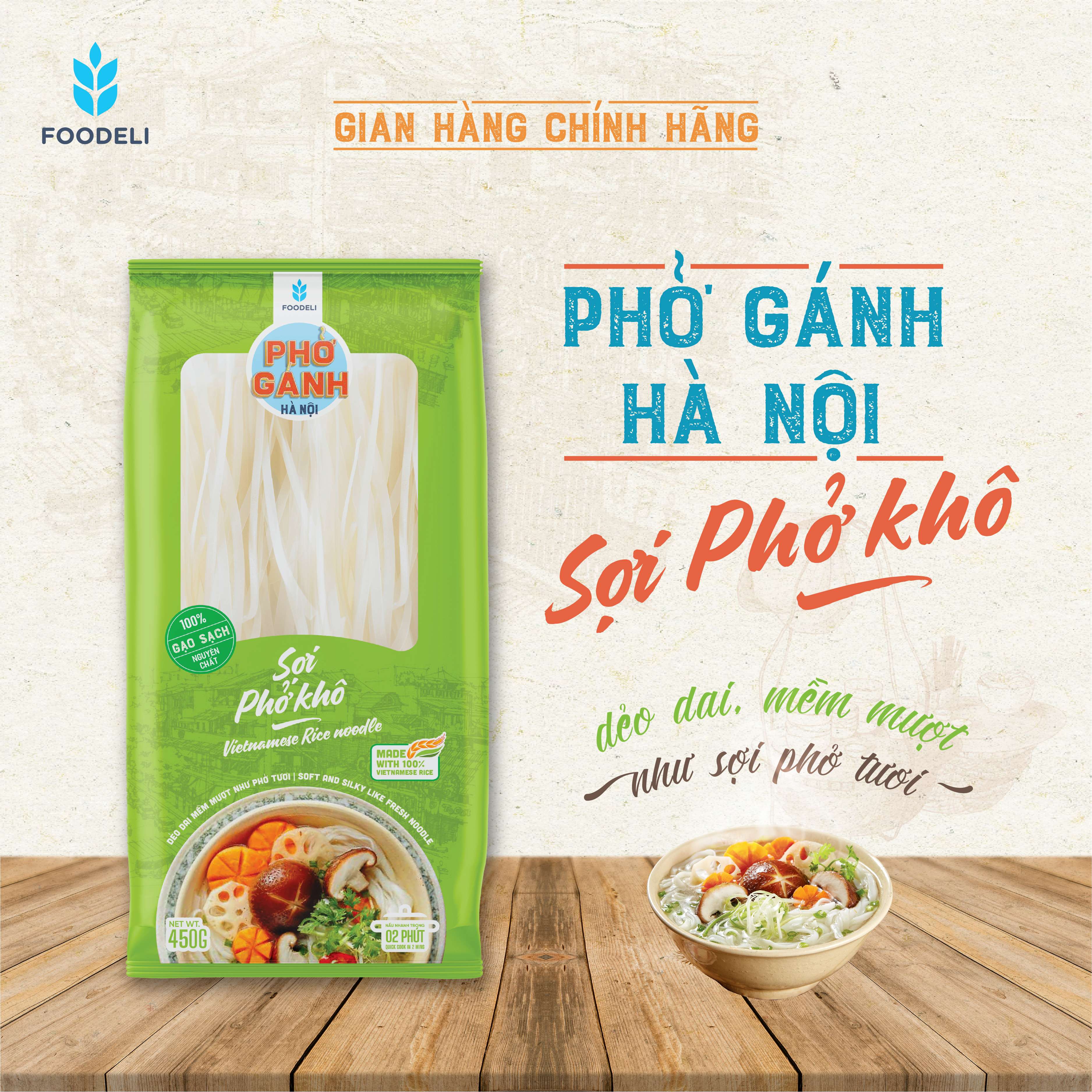 Phở Gánh Hà Nội Sợi Phở Phở Khô 100% từ gạo nguyên chất (Gói 200gr)