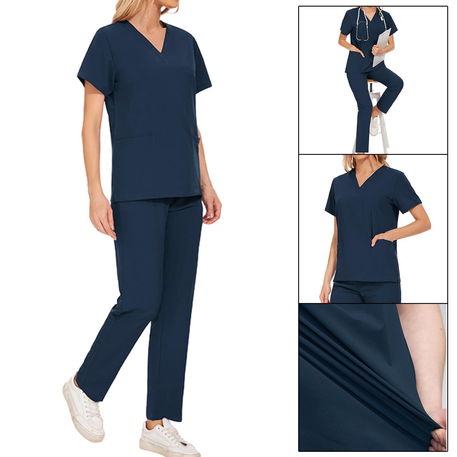 Nurse Work Uniforms Workwear Women's Scrub Set, Unisex with Pockets Breathable Hospital Uniform V Neck Scrub Top and Trousers