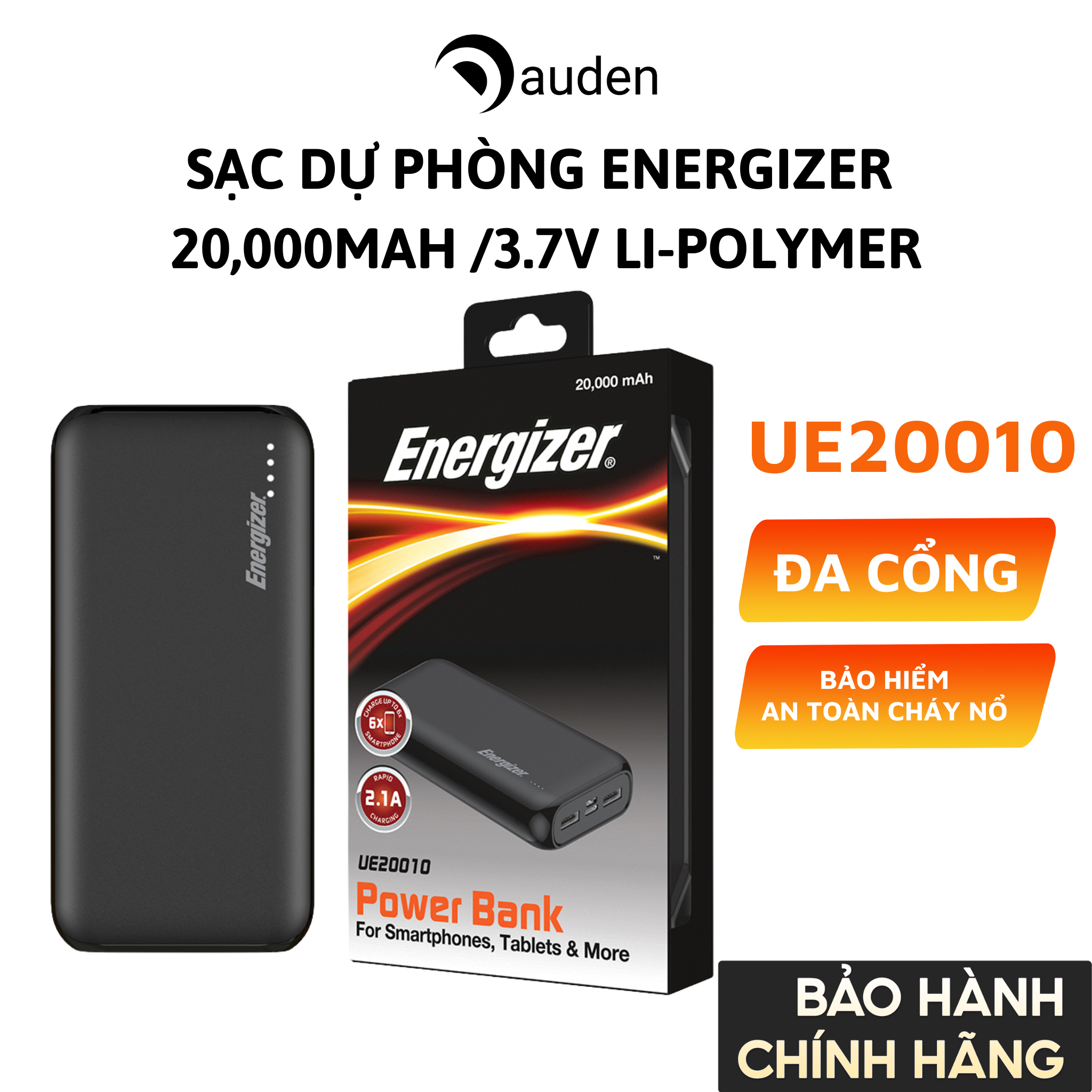 Sạc dự phòng Energizer 20,000mAh /3.7V Li-Polymer UE20010BK - Hàng chính hãng bảo hành 2 năm 1 dổi 1