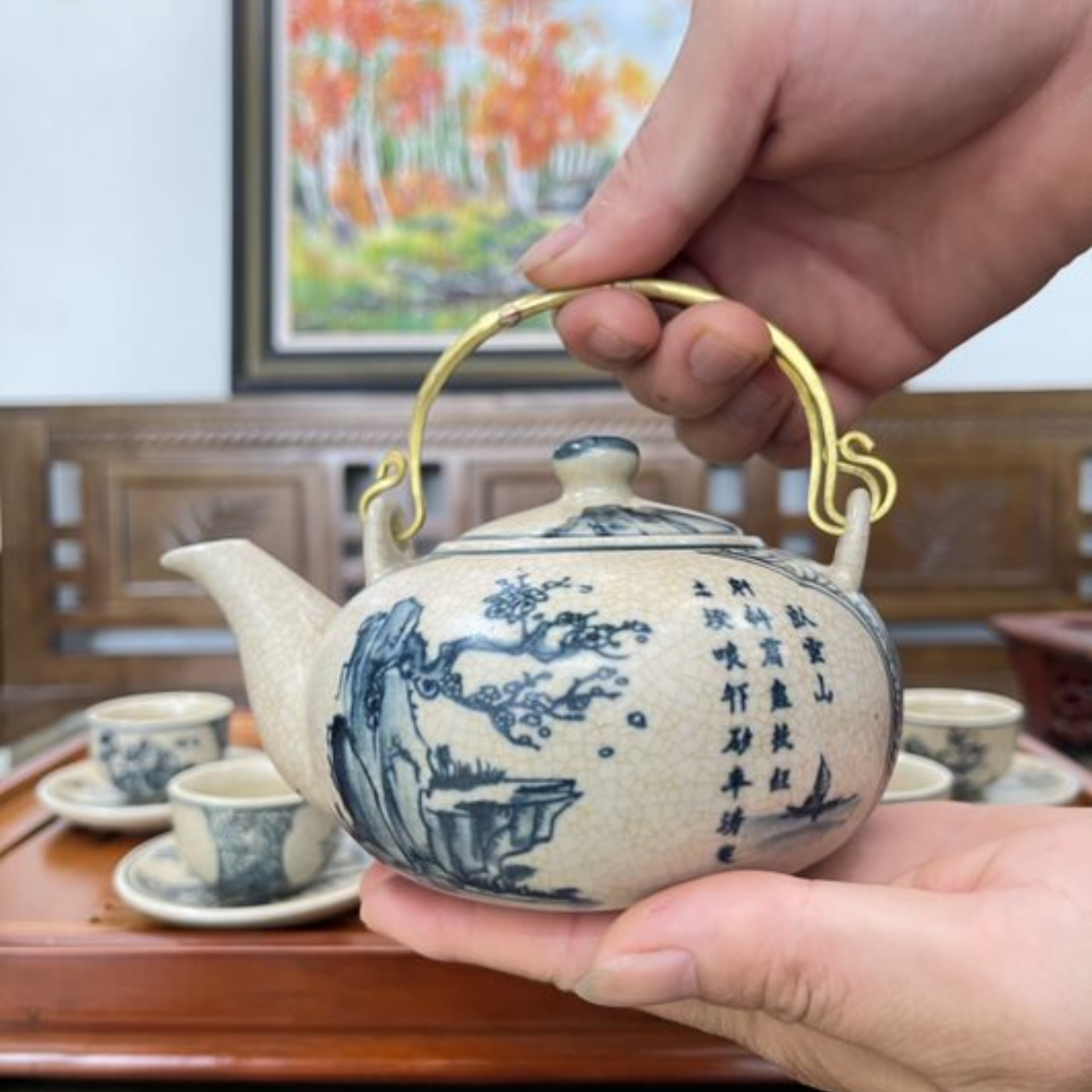 Bộ ấm chén uống trà cao cấp , bộ ấm trà Bát Tràng - sơn thủy hữu tình