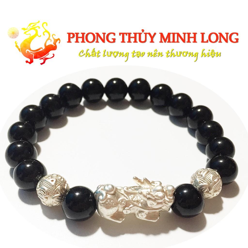Vòng tay đá Mã Não Đen mix tỳ hưu và 2 hạt kim tiền bằng Bạc hợp mệnh Thủy và Mộc