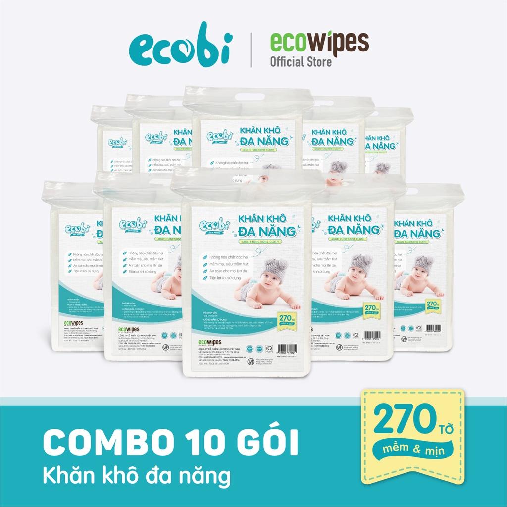 Combo 10 gói khăn khô đa năng cho bé EcoWipes Ecobi gói 270 tờ dùng thay khăn sữa an toàn cho trẻ sơ sinh