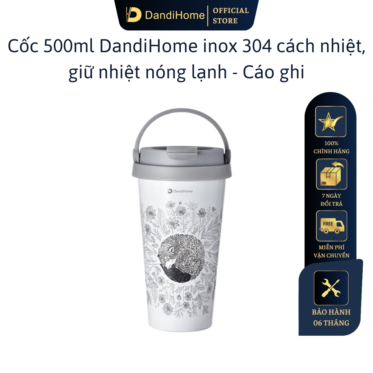 Cốc Ly Cách Nhiệt, Giữ Nhiệt Dandihome Inox 304 500Ml - Cáo Ghi