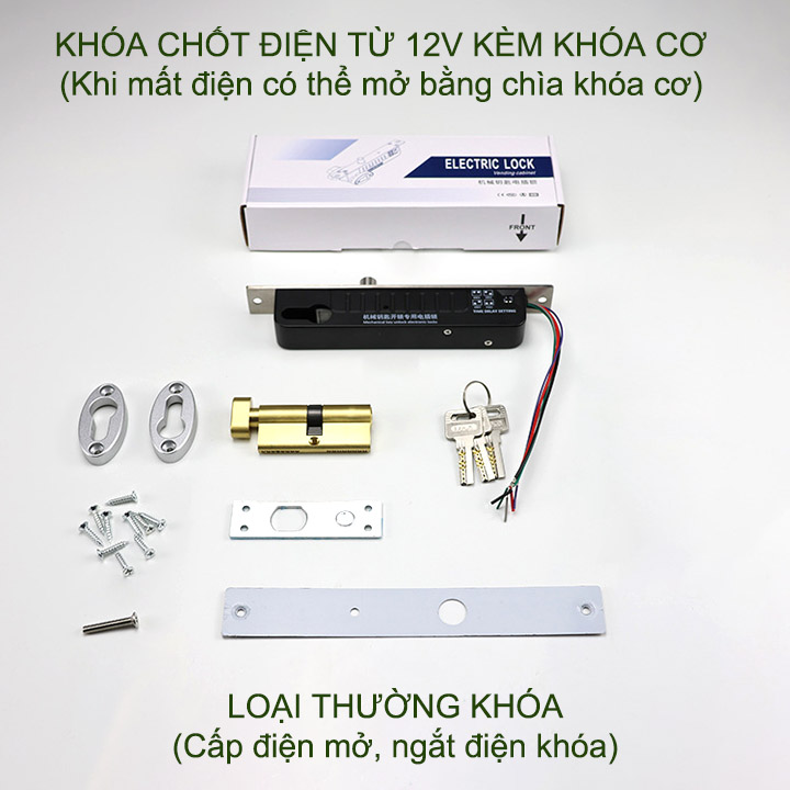 Chốt cửa điện từ thường khóa 12VDC có độ trễ 0-3-6-9 giây, loại 5 dây có kèm cả khóa cơ (mất điện mở bằng chìa khóa cơ)