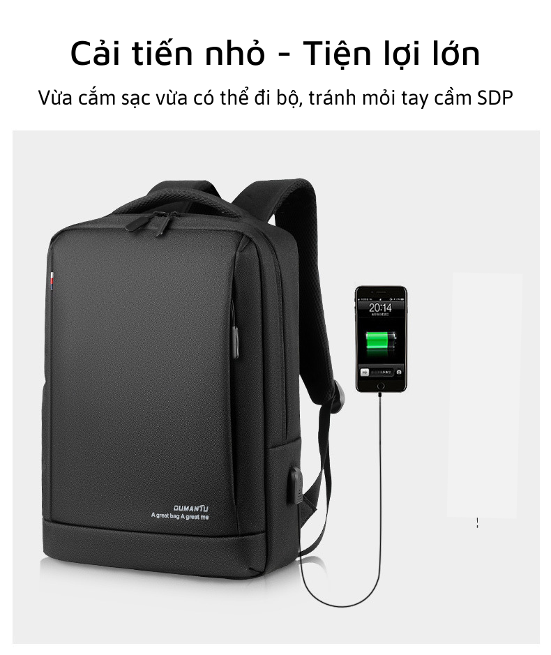 Balo laptop có cổng sạc USB, vải thoáng chống nước màu đen