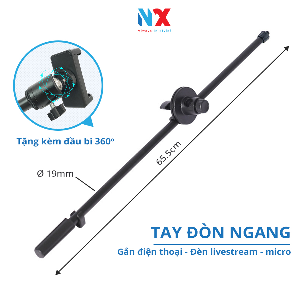 Tay đòn ngang Gắn điện thoại, đèn livestream, micro, tặng kèm đầu bi 360 độ hỗ trợ quay phim