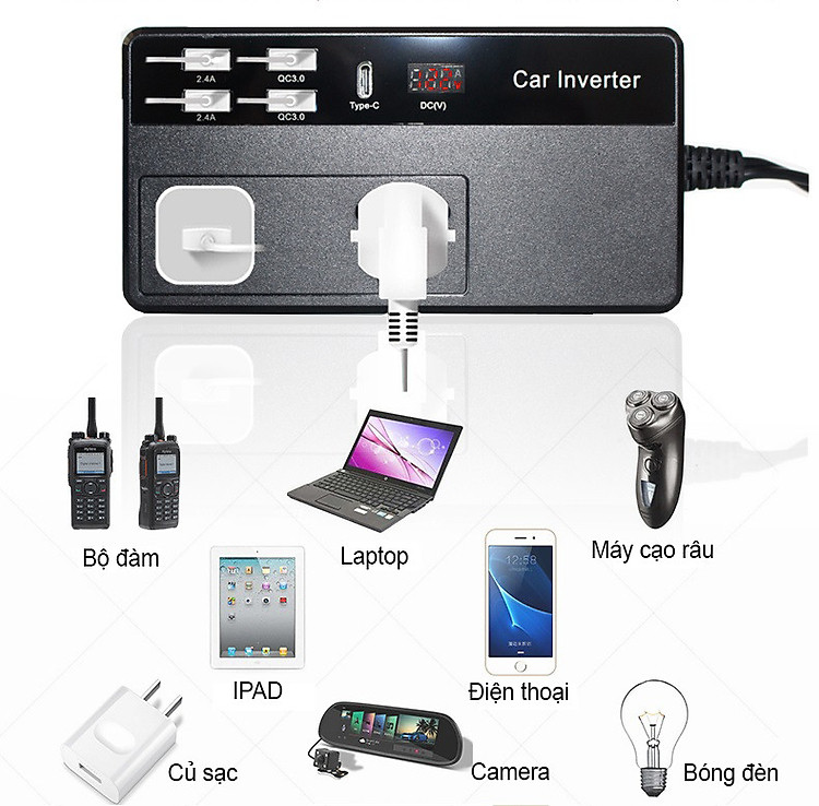 Bộ Chuyển Đổi Nguồn Điện DC 12V Sang AC 110V/220V 200W Tích Hợp 4 Cổng USB Sạc Nhanh Và 1 Cổng Type-C M2012 - Kèm Củ Sạc