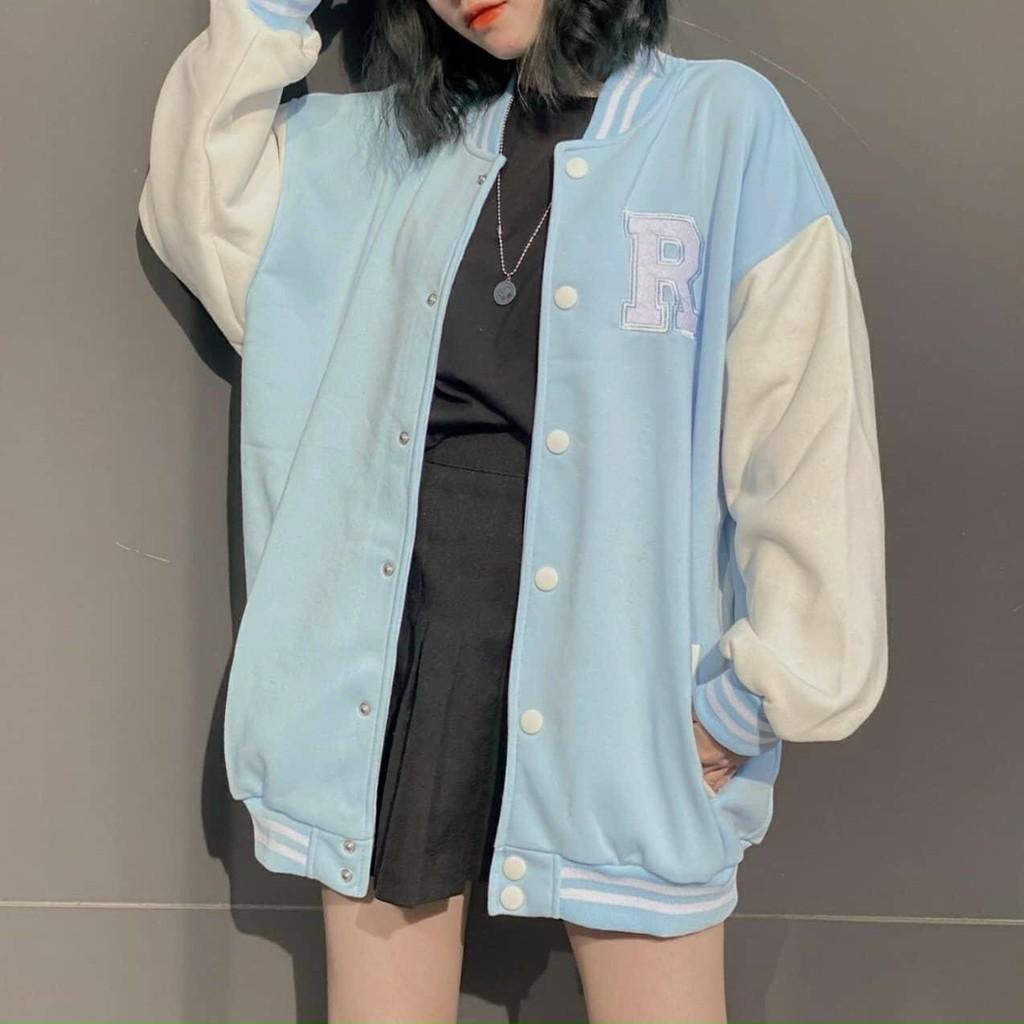 Áo khoác Nỉ Bomber Chữ R Nam Nữ Unisex kiểu dáng Ulzzang áo caridan Nút Bấm Form Rộng tay dài Unisex Nam Nữ