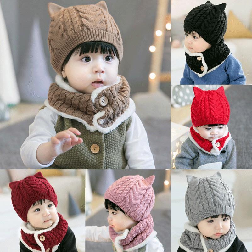 Set Mũ Len Kèm Khăn Len Quàng Cổ Cực Cute Cho Bé Trai Bé Gái, Mũ Len Kèm Khăn Len Lót Lông Ấm Áp Cho Bé