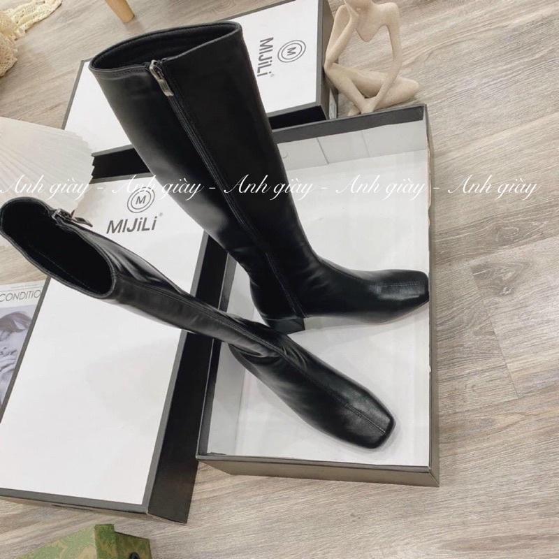 B21 - Bốt đùi dưới gối da lì mũi vuông khoá cạnh MIJiLi hàng QCCC loại 1 full box