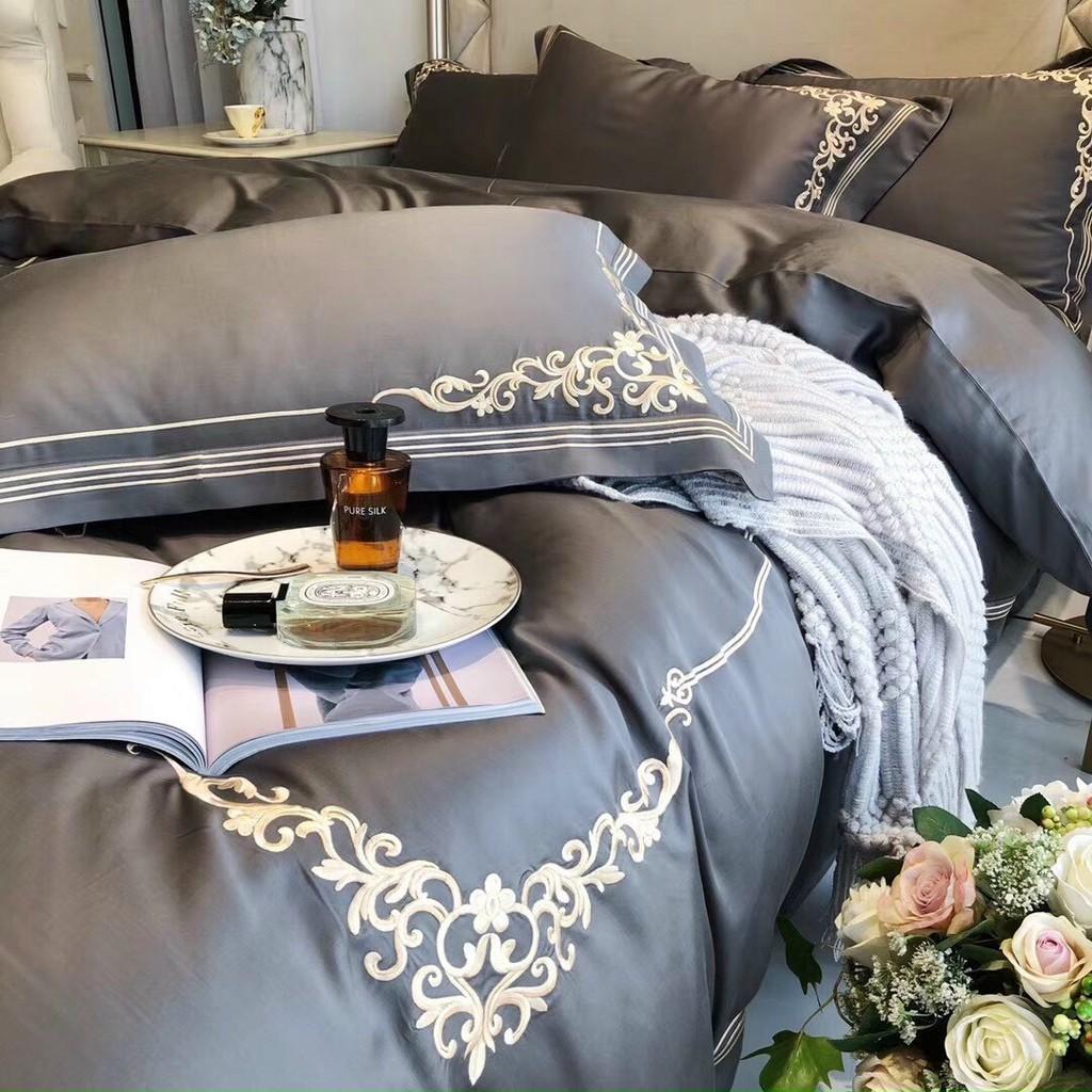 Bộ chăn ga gối cao cấp tencel 100s thêu hoàng gia 4 món ghi đậm