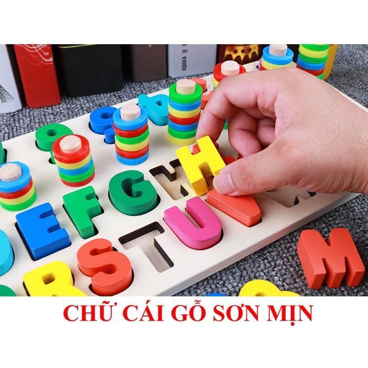 Bảng gỗ đa năng, Bảng chữ cái tiếng Anh, bảng số đếm, cột tính, phân biệt màu sắc, thả cọc luyện