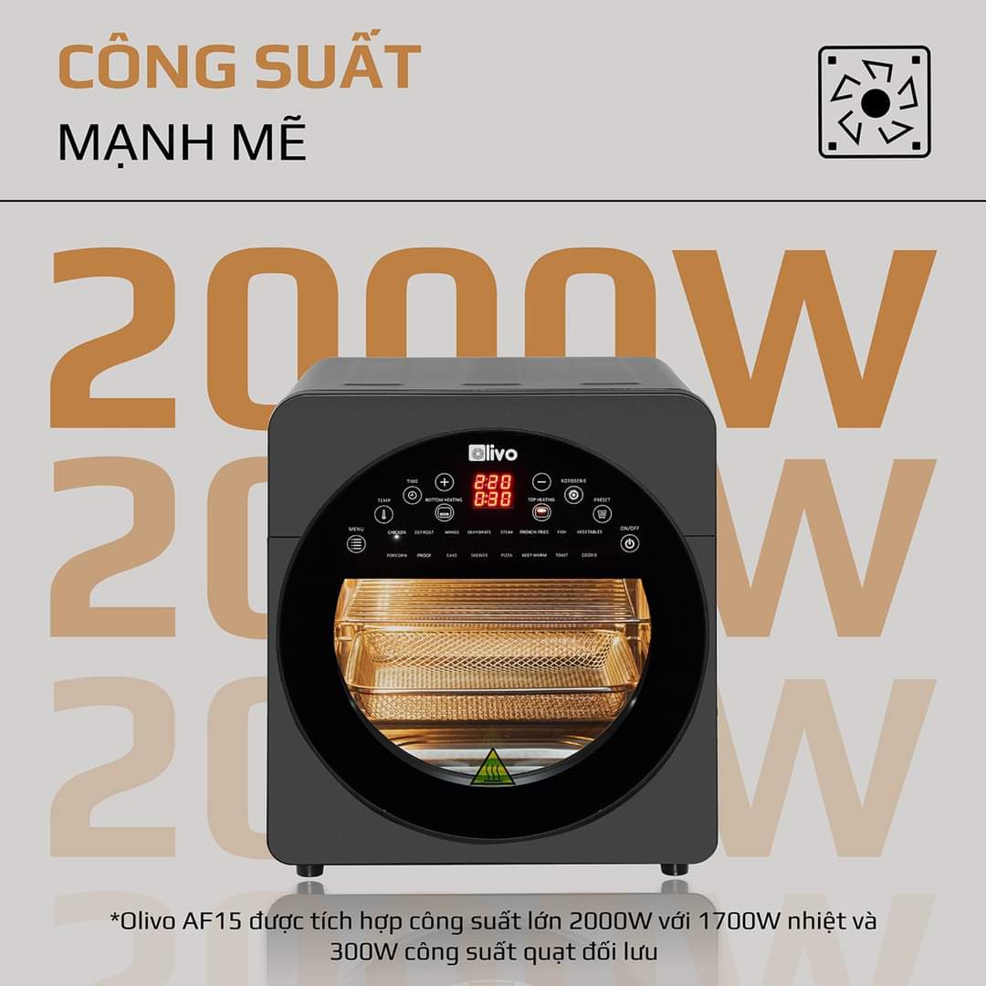 Nồi Chiên Không Dầu OLIVO AF 15 16 Chức Năng Dung Tích 15LCông Suất 2000W Thương Hiệu Mỹ