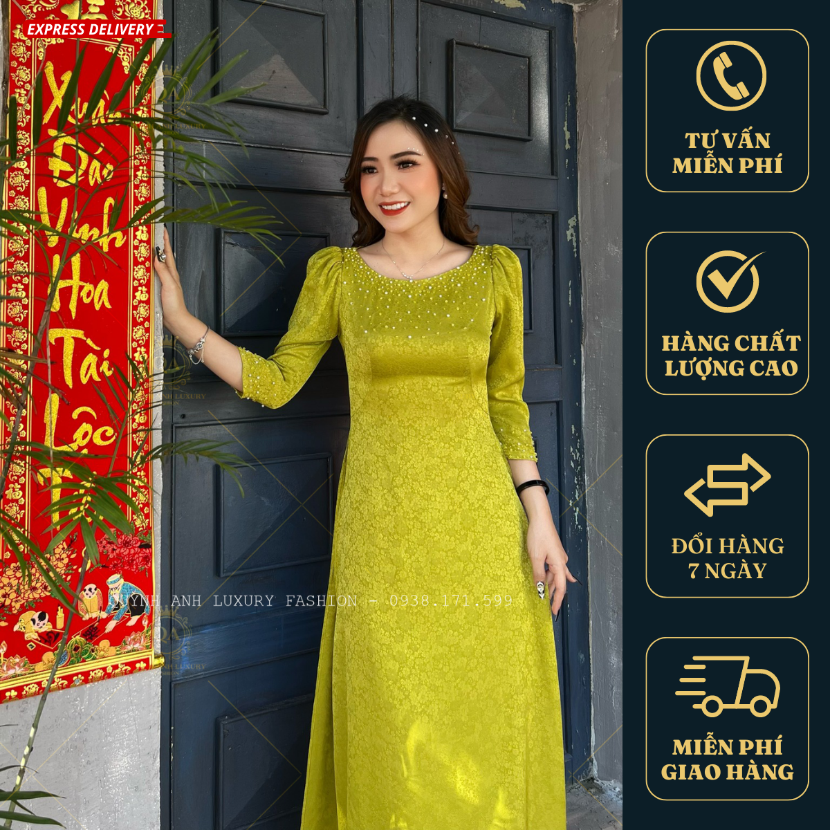 Áo Dài Xanh Bơ Truyền Thống Gấm Hoàng Gia Cổ Tròn Tay Lỡ Cao Cấp Kora Dress