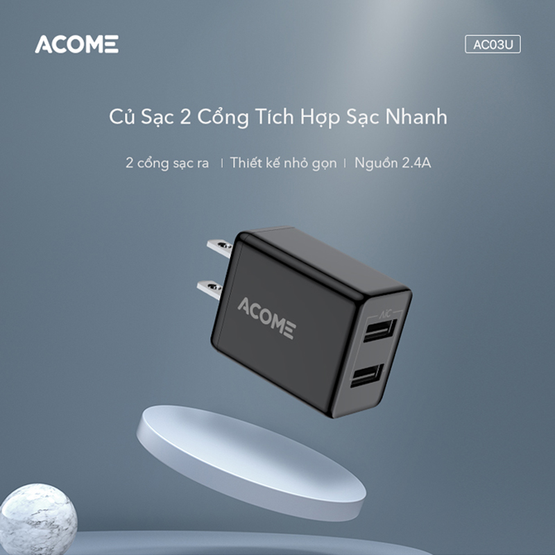 Cốc Sạc Nhanh ACOME AC03U Thiết Kế 2 Cổng USB Sạc Nhanh 2.4A Cho Di Động Điện Thoại Máy Tính Bảng - Hàng Chính Hãng