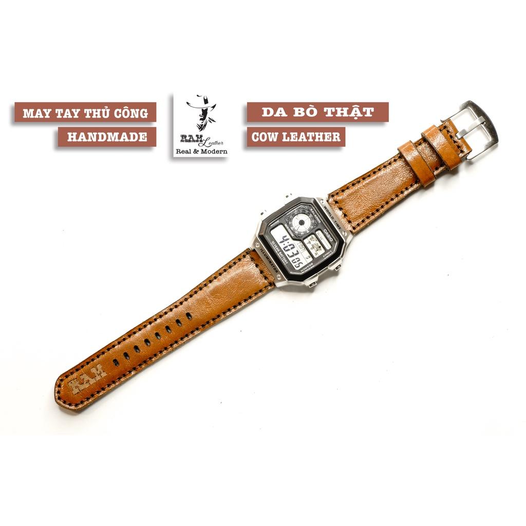 Hình ảnh Dây đồng hồ da bò thật màu nâu sáng RAM Leather 1980 handmade bền chắc - tặng khóa chốt và cây thay dây