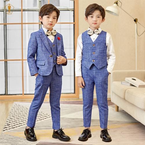 Set bộ vest bé trai TRAZ(áo vest+quần+gile)màu karo xước xám xanh vest đầy tháng thôi nôi(bé mũm mĩm tăng 1 đến 2 size)