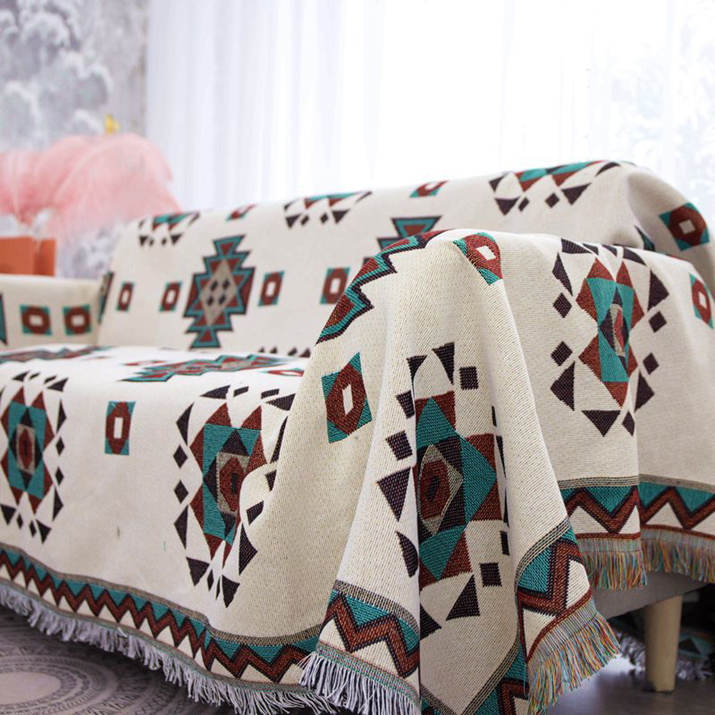 Chăn Phủ Sofa Dệt Kim 2 Mặt Họa Tiết Hình Thoi Vuông Xanh