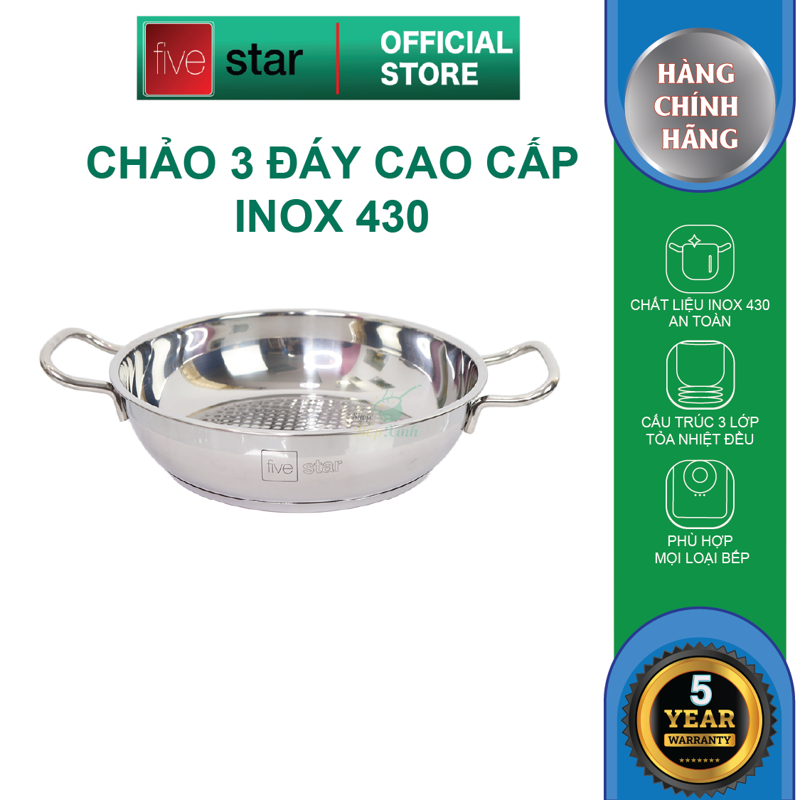 Bộ nồi chảo xửng hấp 3 Đáy Inox 430 cao cấp Fivestar Standard 6 món bếp từ nắp kính , tặng 1 vá canh