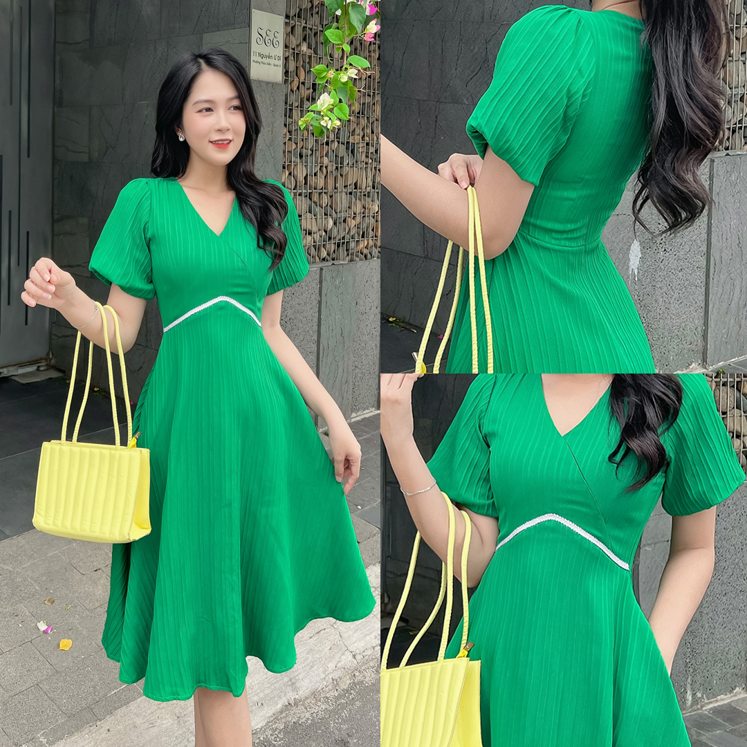 Đầm xòe cổ đắp chéo phối kim tuyến eo D073 - Lady Fashion - Khánh Linh Style