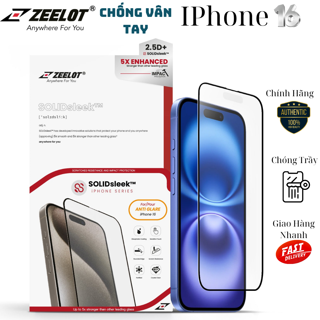 Miếng Dán Kính Cường Lực Nhám Chống Vân Tay Dành Cho iPhone 16 Pro Max/ 16 Pro/ 16 Plus/ 16, ZEELOT SOLIDsleek 2.5D ANTI-GLARE_ Hàng Chính Hãng