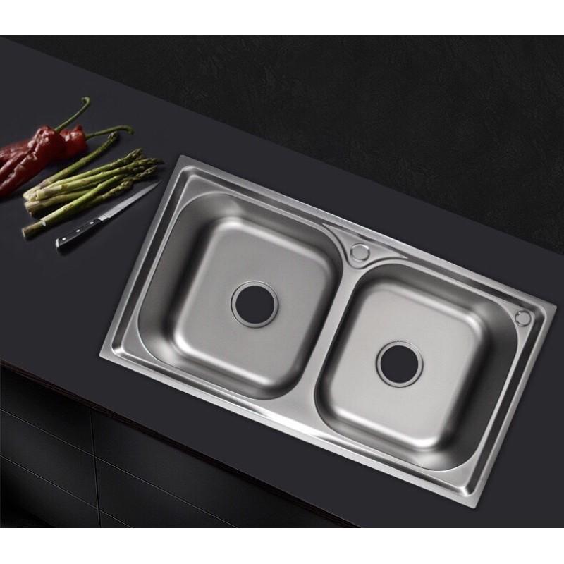 Chậu rửa chén 2 hộc inox tặng kèm bộ xả chậu( xi phông), KT: 80x46x23 cm