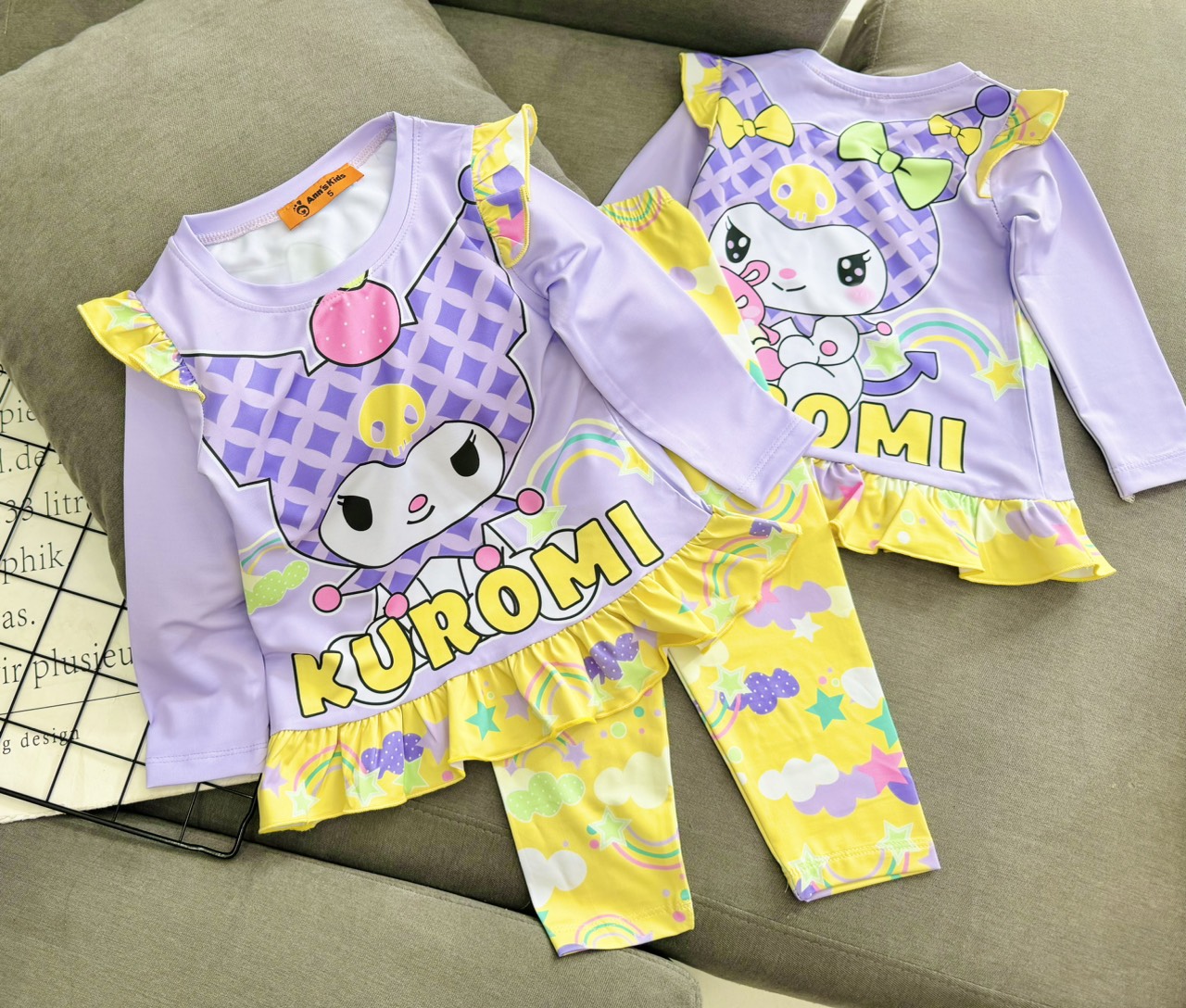 Đồ bộ ngủ dài tay cho bé gái kuromi hello kitty từ 12-40kg chất thun lạnh mềm mịn mát