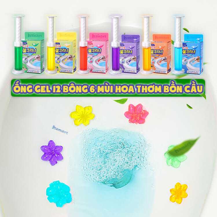 Gel Thơm Bồn Cầu Hoa Khử Mùi Toilet Nhà Vệ Sinh 6 Mùi Hương Thiên Nhiên Ống Bơm 12 Bông Đủ Hộp