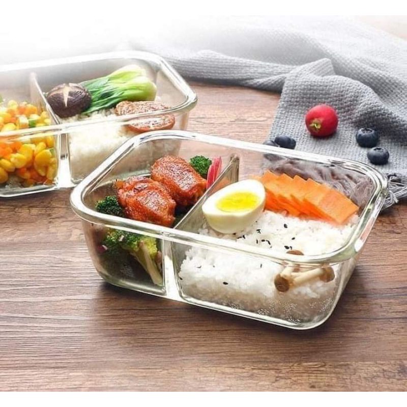 Hộp Thủy Tinh 2 Ngăn Glass Bowl 1000ml Đựng Thực Phẩm An Toàn Tiện Lợi