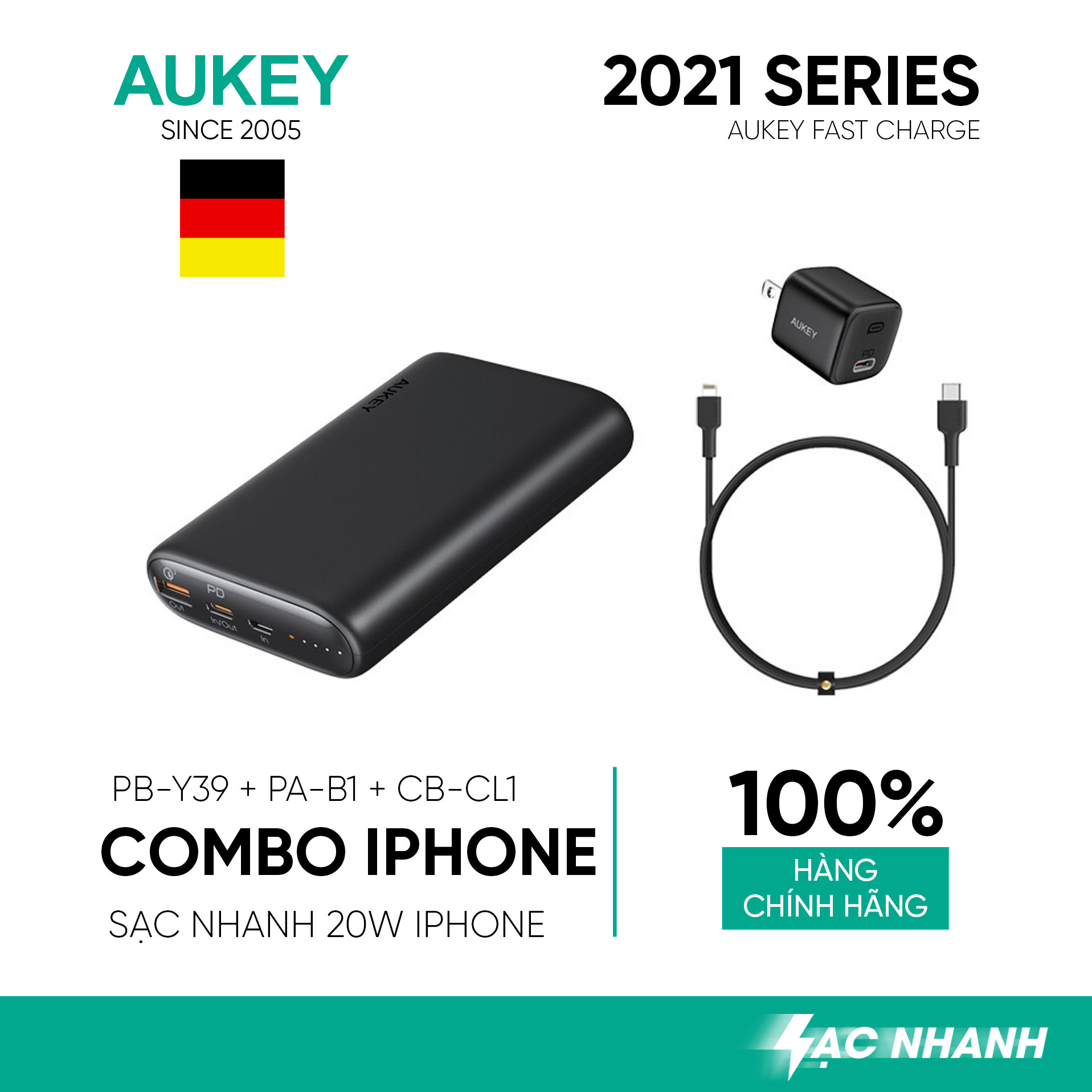 Combo Sạc Nhanh Dành Cho iPhone 12 Series AUKEY | Cốc Sạc 20W PA-B1, Cáp C-Lighnting 20W CB-CL1, Pin 15000mAh PD + QC3 PB-Y39 - Hàng Chính Hãng