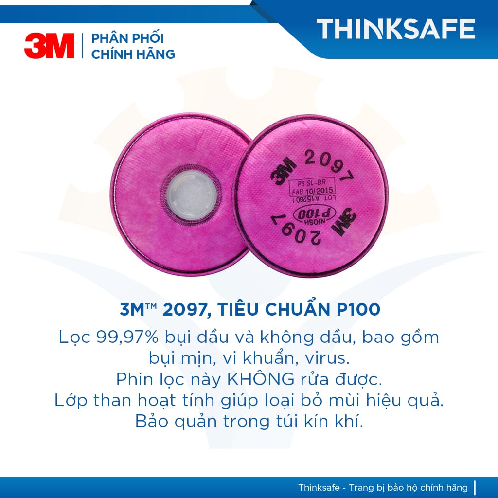 Phin lọc 3M Thinksafe, chống độc, chuyên phòng dịch, chống giọt bắn, lọc bụi mịn pm2.5, khói hàn, 3M chính hãng - 2091 - 2097 - 7093