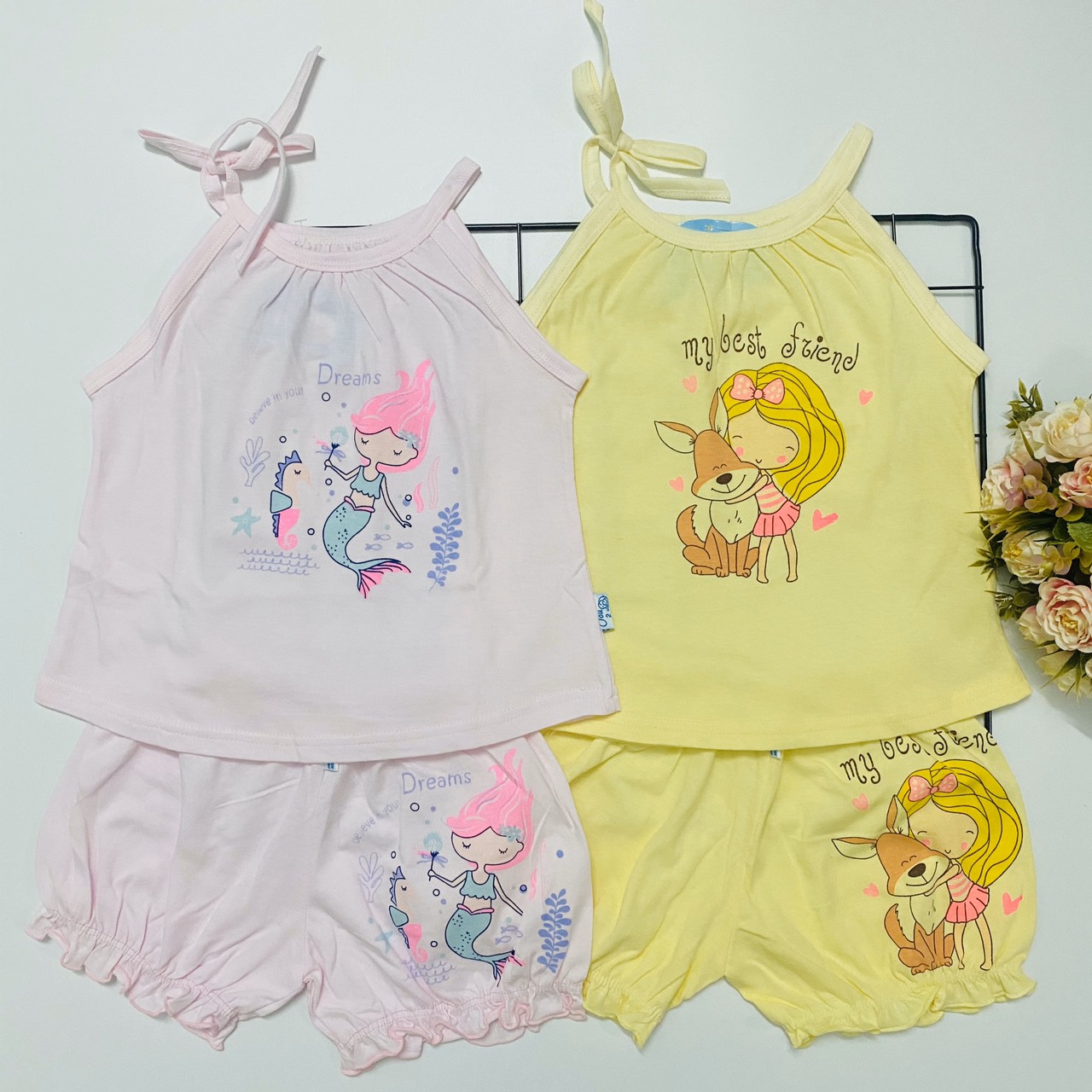 Combo 3 bộ đồ bộ bé gái cotton mùa hè mẫu áo dây, quần nhún màu nhạt siêu xinh J-TomTomBaby