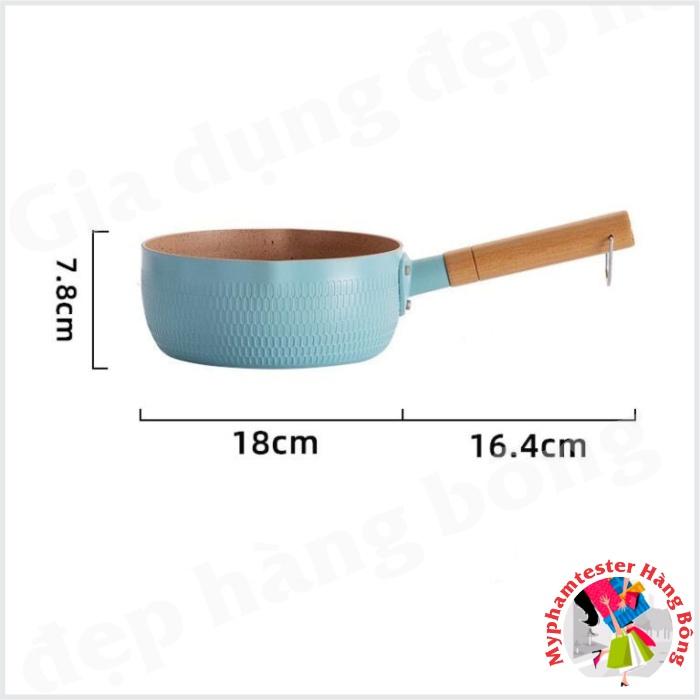 Chảo, Nồi Sâu Lòng Chống Dính 18cm Chiên Xào Nấu Quánh Sâu Lòng Tay Cầm Gỗ Màu Pastel Tiện Lợi