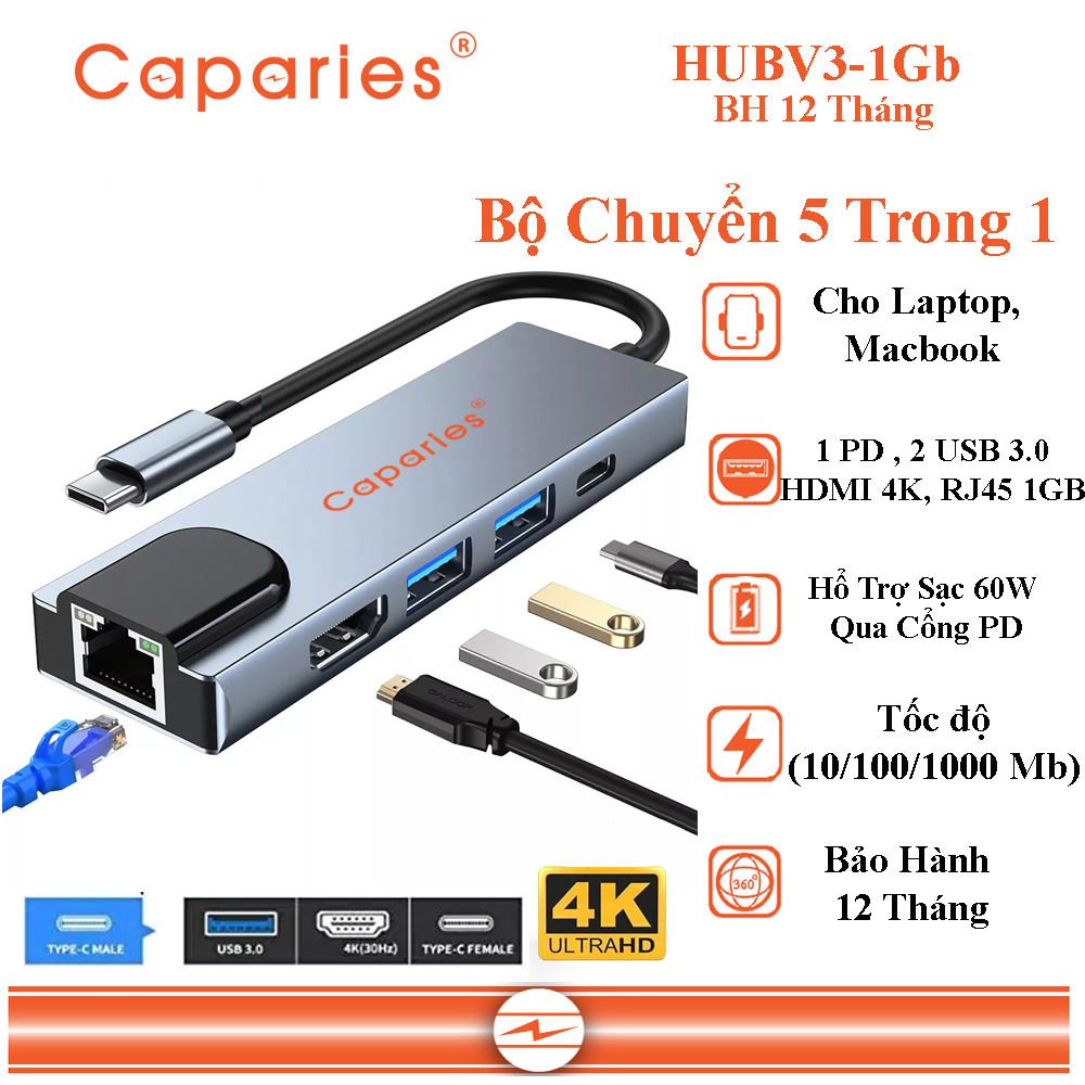 Bộ Hub Chuyển Đổi Đa Cổng 5 Trong 1  Caparies HUBV3-1Gb Dành Cho Máy Tính Xách Tay MacBook Pro &amp; Type C Windows - Hàng Chính Hãng