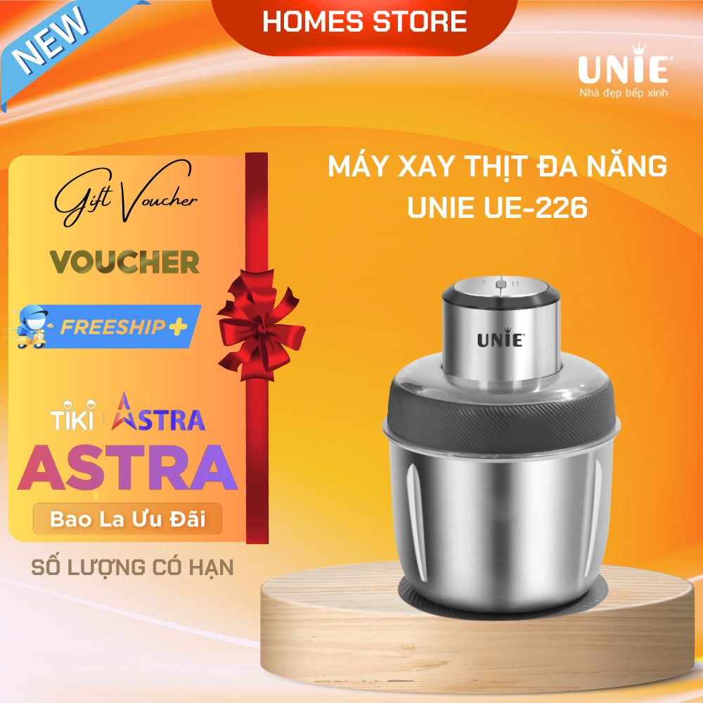 Máy Xay Thịt, Xay Thực Phẩm UNIE UE-226 - Đánh Chà Bông, Bóc Tỏi Tiêu Chuẩn Đức Thép Hợp Kim Dung Tích 2.5 Lít Công Suất 300 W - Hàng Chính Hãng