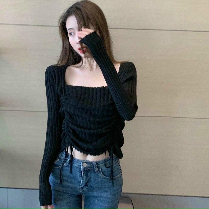 Áo gân cổ vuông kiểu tay dài thắt dây rút-MA040