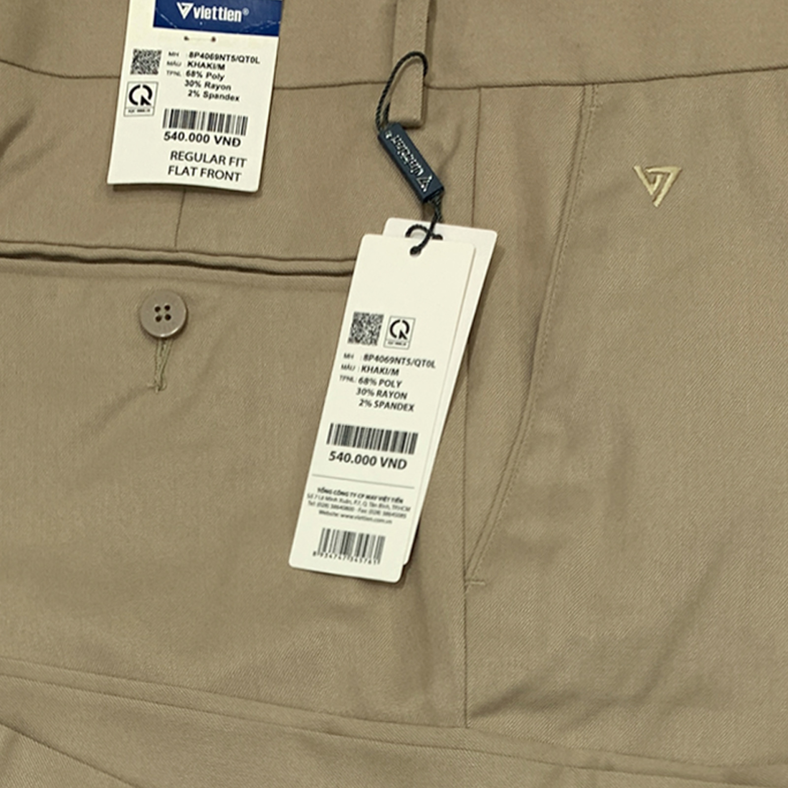 Viettien - Quần tây nam màu khaki không ly 8P4069 regular fit