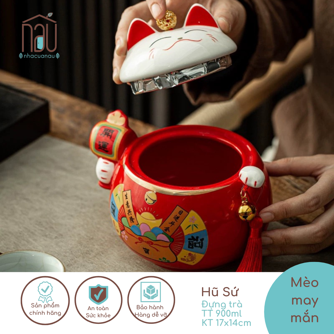 Hũ sứ MÈO MAY MẮN dùng được để đựng trà khô, trà hoa, thảo mộc, hạt, mứt, cafe Dùng decor nhà cửa thêm xinh hoặc làm Quà tặng tân gia