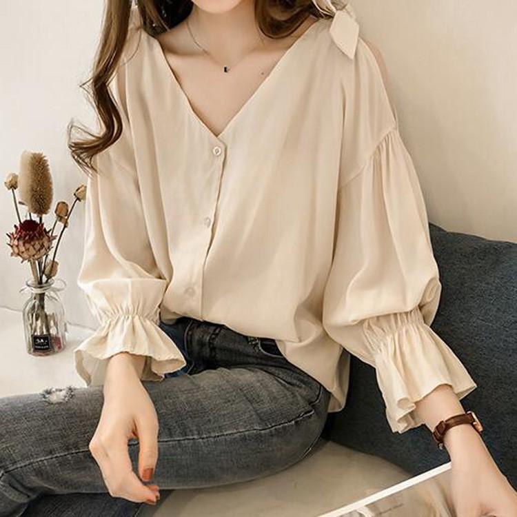 Áo Sơ Mi Nữ Sơ Mi Ulzzang Sơ Mi Trắng Tay Bồng Bánh Bèo Kiểu Dáng Hàn Quốc,áo nữ buộc nơ ( có hình thât
