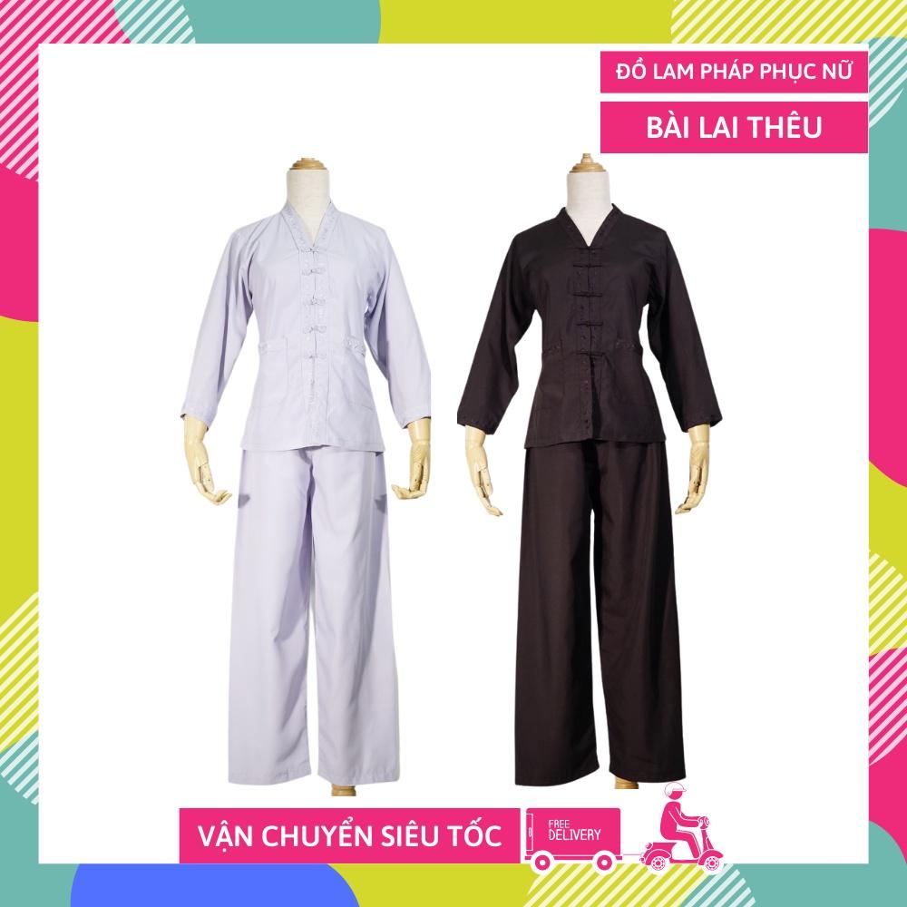 Bộ áo lam đi chùa Nữ BÀI LAI THÊU, thời trang Phật pháp dành cho Phật tử đi chùa giá rẻ - Nhiều cỡ - Có video