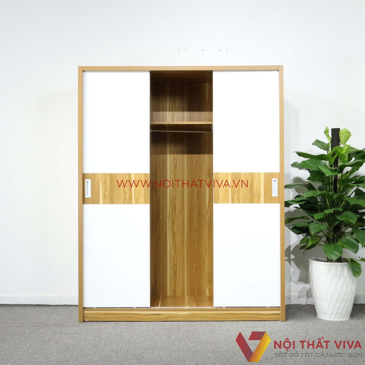 Tủ Áo 3 Cánh Cửa Lùa Gỗ MDF Melamine Màu Sọc Vàng Cánh Trắng Đẹp Giá Rẻ