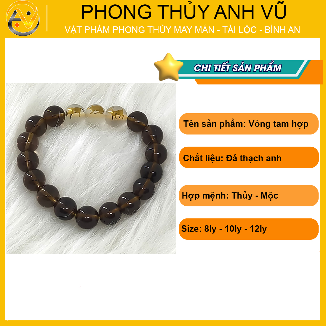 Vòng thạch anh đen khói tam hợp hợi mão mùi - size 8 10 12ly - may mắn taì lộc - Vòng Tam Hợp Anh Vũ