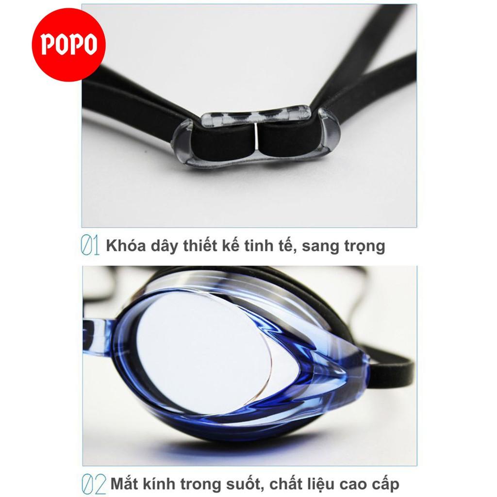 Bộ Kính bơi chuyên nghiệp cho người lớn thi đấu POPO kèm mũ bơi, bịt tai kẹp mũ cho vận động viên chống tia UV chống lóa