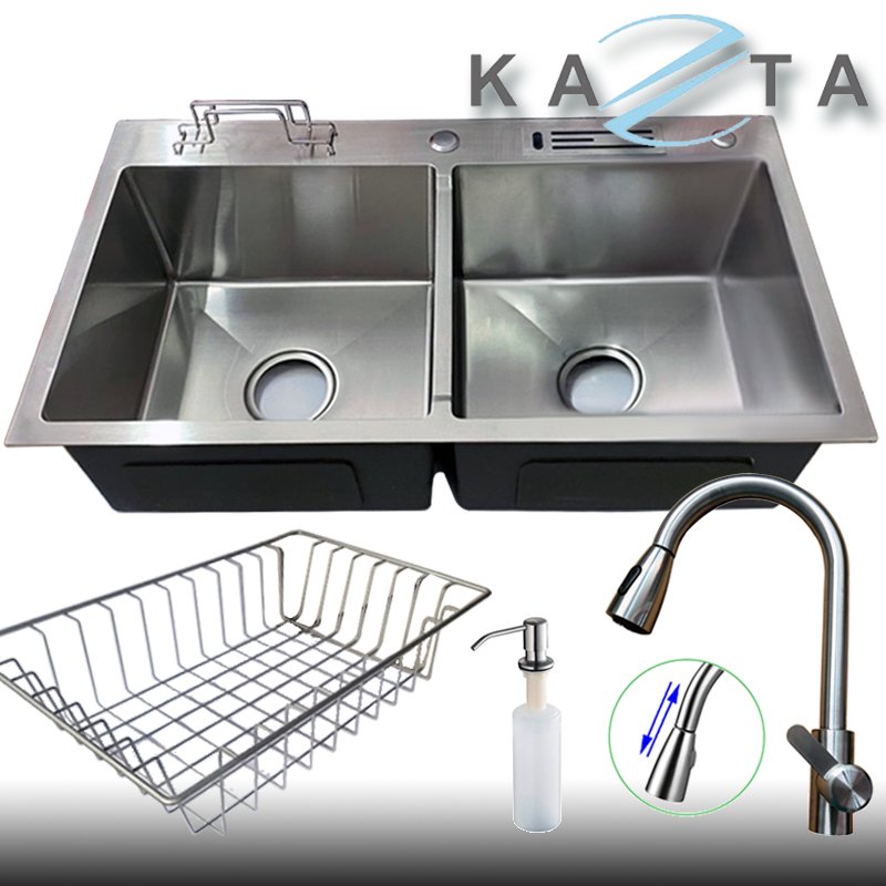 Combo chậu rửa bát cao cấp KAZTA KZ-CB8245KR inox SUS304 vòi dây rút kèm rổ đa năng tiện dụng