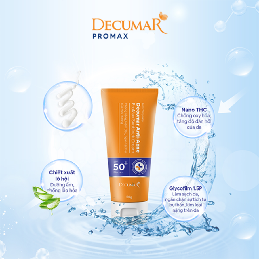 Kem chống nắng ngừa mụn, mờ thâm, ngừa sẹo, tái tạo da Decumar Anti-Acne Promax Sunblock SPF Cream SPF50+ 50g