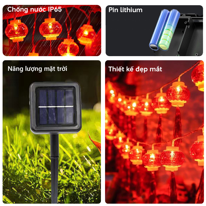 Đèn trang trí năng lượng mặt trời dây đèn lồng đỏ, tiết kiệm điện, bóng siêu sáng, chống thấm nước - DA3191