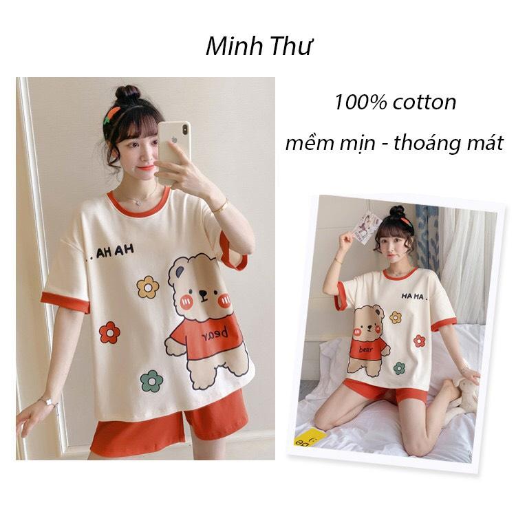 Bộ Quần Áo Gấu Set Quần Đùi Ống Rộng Áo Thun Tay Lỡ Cotton Nam Nữ